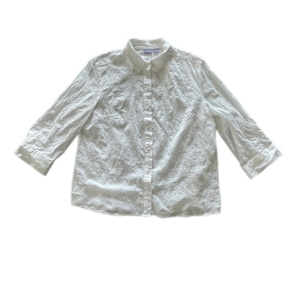 Laura Scott White Floral Embroidered 3/4 Roll Tab Sleeve Button Down Women’s XL - Picture 3 of 12